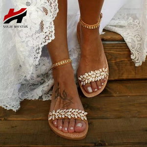 NAN JIU MOUNTAIN Summer Flat Sandals Women Fashion Rhinestone Open Toe Buckle Sandals Wedding Party Plus Size 34-43