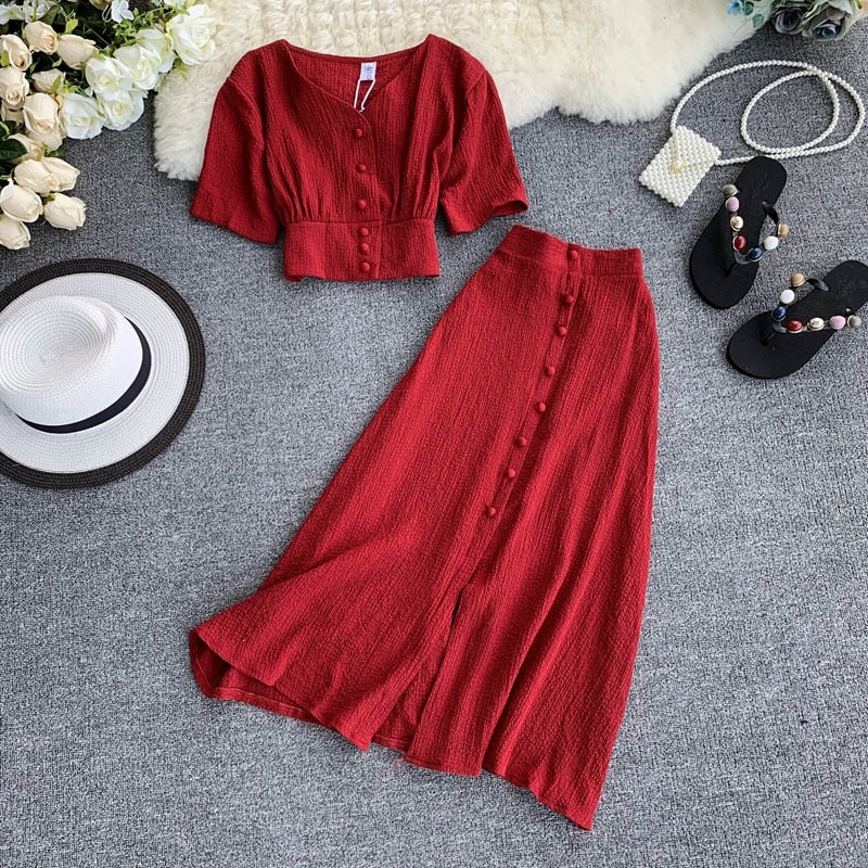 MUMUZI Fashion women outfits 2019 short design front buttons tops and long skirt 2pcs set solid color side open skirt and blouse